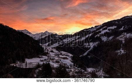 Sunset In A Ski Resort In The French Alps With Lots Of Snow.