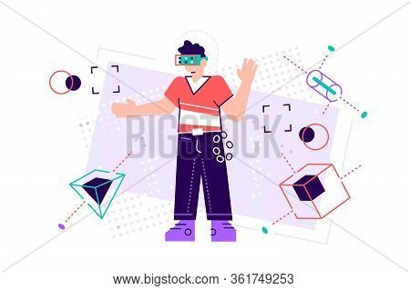 A Young Man Moving Objects Around Using A Virtual Reality Vr Headset. People Vector Illustration. Mo
