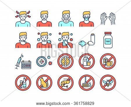 Allergy And Symptoms Line Color Icons Set. Food Intolerance, Poisoning. Dermatological, Infectious D