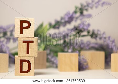 Ptd Project To Date Acronym On Wooden Cubes On Dark Wooden Backround. Business Concept.