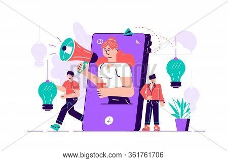 Mobile Phone, Woman With Megaphone On Screen And Young People Surrounding Her. Influencer Marketing,