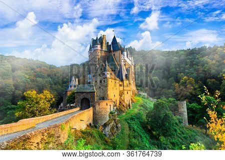 Iconic castle Burg Etz over sunset. Medieval monuments of Germany