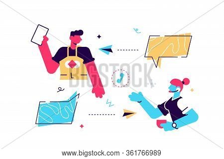 Vector Illustration. Customer Service, Male Hotline Operator Advises Client, Online Global Technical