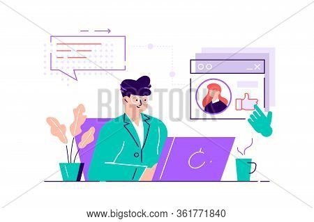 Smiling Man Sitting At Computer And Using Dating Website To Chat Or Searching For Girlfriend On Inte