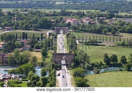 Italy, Valeggio Sul Mincio - May 20 2018: The Aerial View Of Visconti Bridge In Valeggio Sul Mincio 