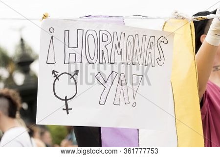 Caba, Buenos Aires / Argentina; March 9, 2020: International Womens Day. Nonbinary Pride Flag, And P