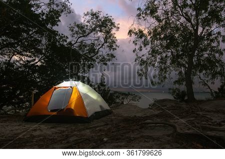 Colourful Tent Campsite At Night View With Beautiful Nature & Forest In Gedung Ubat,tanjung Kubong L