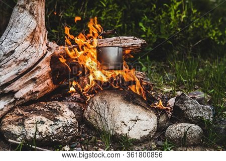 Kettle Hanging Over Fire. Cooking Food At Fire In Wild. Beautiful Big Log Burns In Bonfire Close-up.