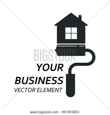 Vector Logo Of A Paint Roller And A House. Template For Websites And Apps. Flat Design Isolated On W