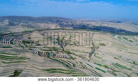 Aerial View Of Terraced Farm Field Mass Production During Summer Dry Season In Tianshui, Gansu Provi