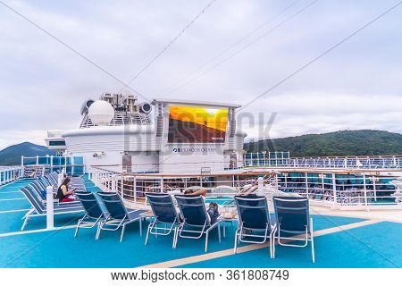 Top Deck Of Diamond Princess Cruise Ship With Large Led Tv And Swimming Pool.