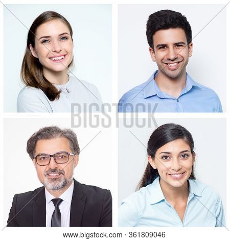 Set Of Young Intelligent Colleagues And Boss. Happy Male And Female Co-workers Smiling In Collective
