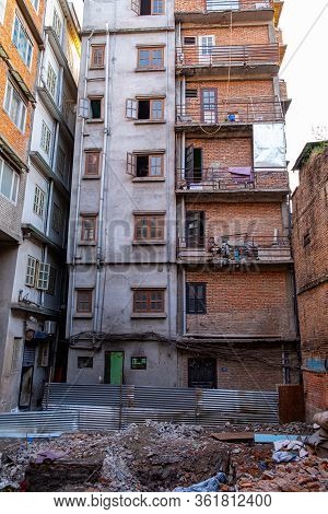 Exterior Block Of Residential Home Flats In A Bad Condition At Nepal Asia.