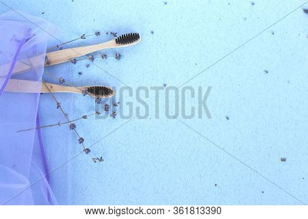 The Concept Of Zero Waste. Bamboo Toothbrushes In A Reusable Bag With Lavender
