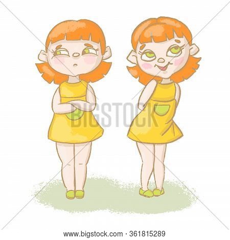 Two Girls Cartoon Emotional Temper Grunge Hand Drawn Vector Illustration Set For Print Fabric And De