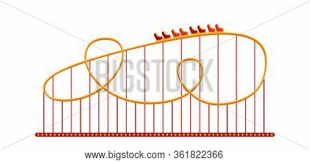 Rollercoaster In Amusement Park Flat. Carousel Cartoon Style. Roller Coaster On Funfair. Festivals O