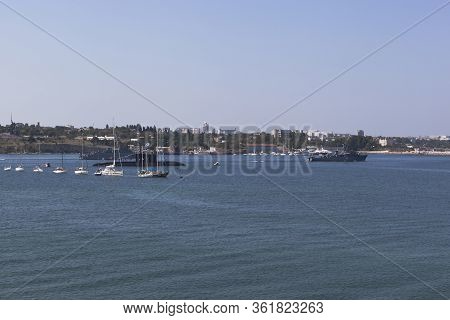 Sevastopol, Crimea, Russia - July 28, 2019: Sea Minesweeper Zheleznyakov And Turbinist Pass Along Th