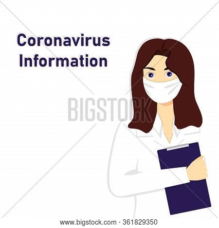 Young Handsome Female Medicine Doctor Assistance In Mask Standing In White Lab Coat With Stethoscope
