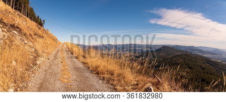 Hiking Path Between Valley And Mountain. Trail To Schockl Mountain Near Graz. Hiking In Nature Conce