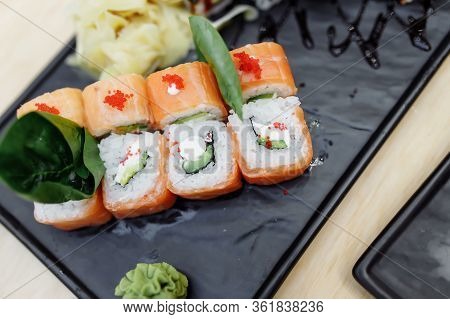 On Table Sushi Roll Food Fish Philadelphia Japanese Salmon Delicious Sushi Rice Cucumber Meal Tradit
