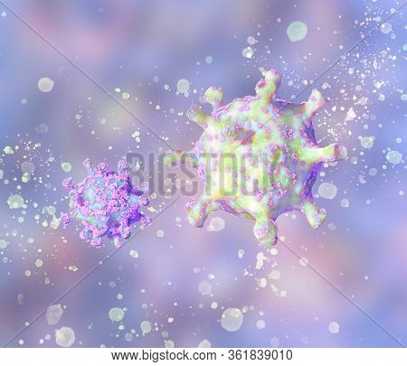 Bright Lurid Beautiful Coronavirus Cells On A Blue Background. Covid-19 Concept. 3d Illustration