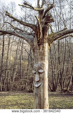 Face Carved In Dead Tree. Symbolic Object. Somoska, Siatorska Bukovina, Slovak Republic.