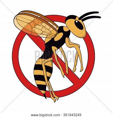 Cartoon Flying Wasp With Ban Sign. Pest Control. White Background Isolated Stock Vector Illustration