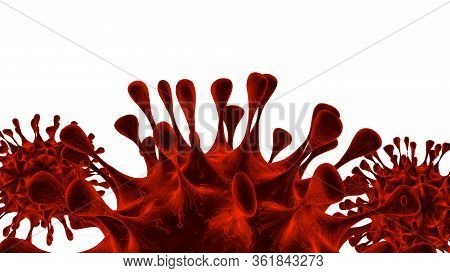 Covid-19 Coronavirus Cells Isolated On White Background In 3d Rendering With Space For Text. The Aty