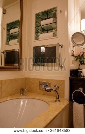 Chicago, Illinois, United States - Dec 12th, 2015: Modern And Spacious Bathroom Suite Designed With 