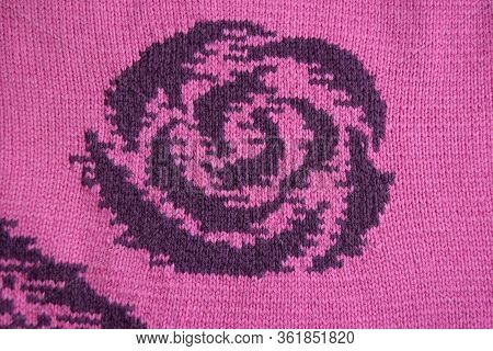 Knitted Fabric Structure. Handmade Fabric. Rose Ornament .front Side. Knitted Fabric Consists Of Two