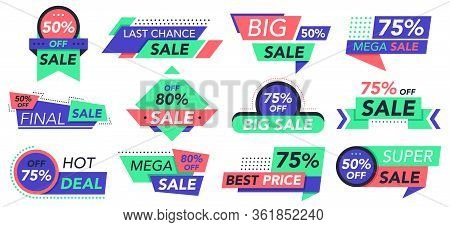 Sale Badges. Retail, Big Sale And Best Offer Tags, Store Discount Stickers. Cheap Price Advertising 