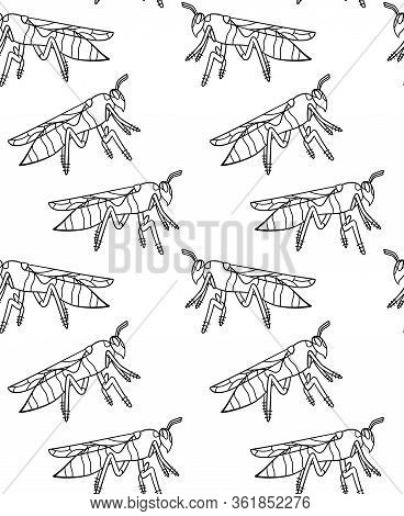 Profile View Outline Style Wasps Seamless Pattern On White Background