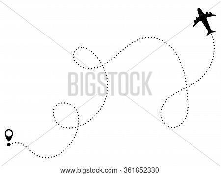 Airplane Flight Path. Travel Flight Dashing Airlines Route, Dotted Transfer Paths. Travels Route Iso