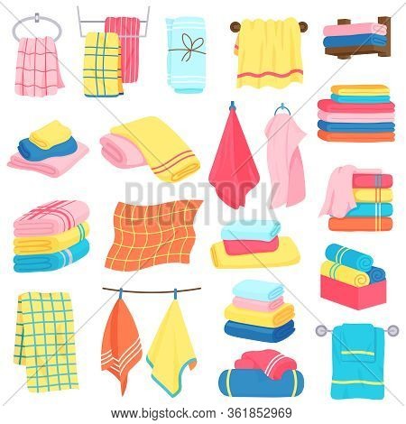 Bath Towels. Fabric Cartoon Fluffy Bath Textile. Bathroom, Kitchen Soft Fabric Towels Vector Illustr