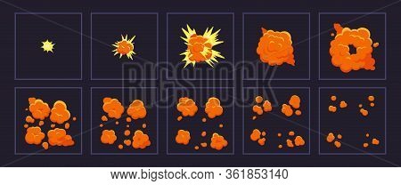Cartoon Motion Explosions. Animated Explosion Shot, Explode Fire Frames. Exploding Effect Frames Vec