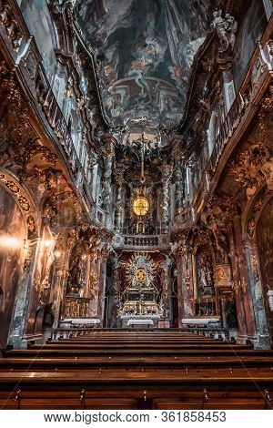 Feb 2, 2020 - Munich, Germany: Interior Of Late Baroque Church Asamkirche With Lights On Before Even