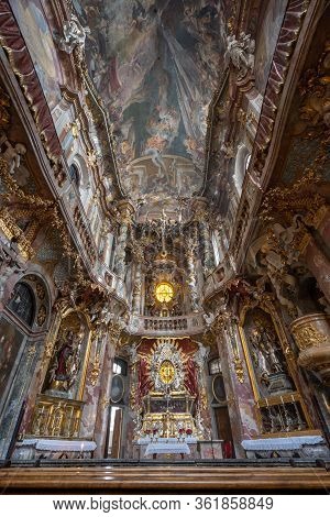 Feb 2, 2020 - Munich, Germany: Ultrawide View Of Interior Of Asamkirche Baroque Church With Altar An