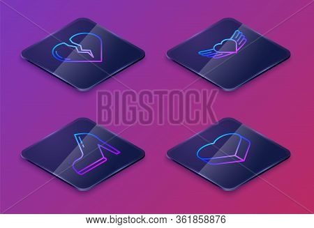 Set Isometric Line Broken Heart Or Divorce, Woman Shoe With High Heel, Heart With Wings And Candy In