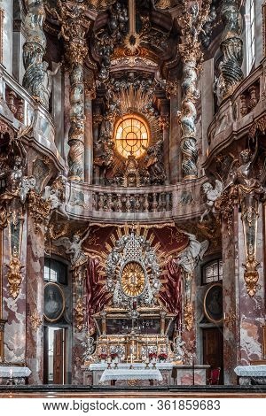Feb 2, 2020 - Munich, Germany: Ornate Altar Facade Of Baroque Church Asamkirche