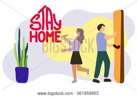 Stay Home Concept. Cartoon People In Quarantine. Woman In Protective Medical Mask, Man Closes The Do