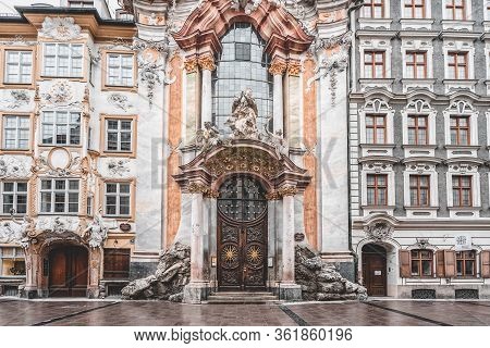 Feb 2, 2020 - Munich, Germany: Front Entrance Facade Of Asamkirche, Late Baroque Church