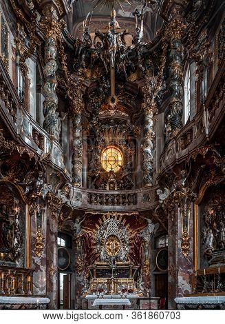 Feb 2, 2020 - Munich, Germany: Close View Of Ornate Altar Facade Of Baroque Church Asamkirche