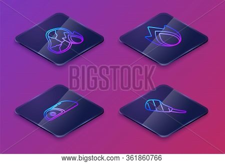 Set Isometric Line Grilled Steak Meat And Fire Flame, Meat, Fire Flame And Rib Eye Steak. Blue Squar