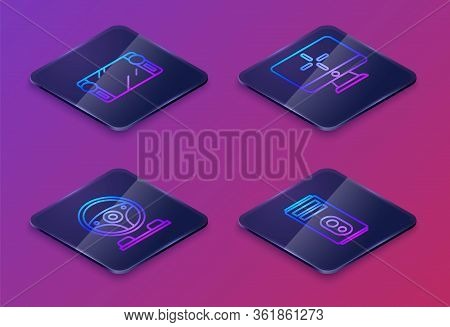 Set Isometric Line Portable Video Game Console, Racing Simulator Cockpit, Computer Monitor And Compu