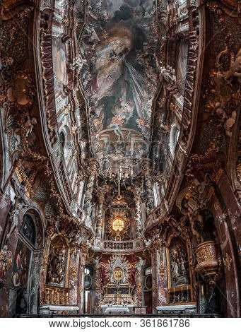 Feb 2, 2020 - Munich, Germany: Ultrawide Upward View Of Ceiling Fresco Altar Facade Inside Baroque S