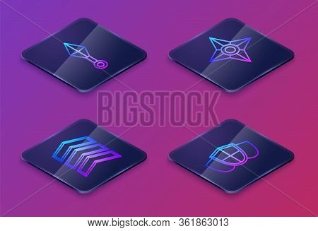Set Isometric Line Japanese Ninja Shuriken, Military Rank, Japanese Ninja Shuriken And Shield. Blue 