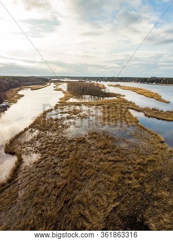 Countryside Landscape Areal Drone Photography View Of River Lielupe. Photo Taken In Europe, Latvia.