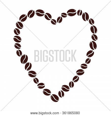 Group Of Roasted Coffee Beans Forming A Heart Frame, Love Caffeine Symbol. Hand Drawn Graphic Vector