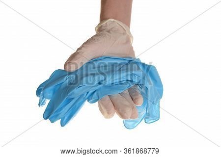Hand With Gloves Give Another Gloves For Safey Over Whit