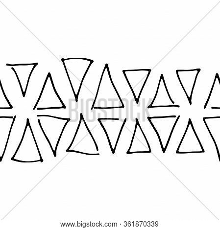 Seamless Vector Geometric Pattern. Hand-drawn Outline Triangles Isolated On White Background. Border